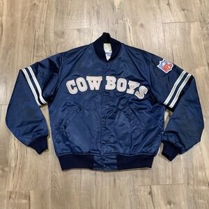 VTG 80s/90s Dallas Cowboys L Satin Varsity Starter Jacket Navy Striped Tagged